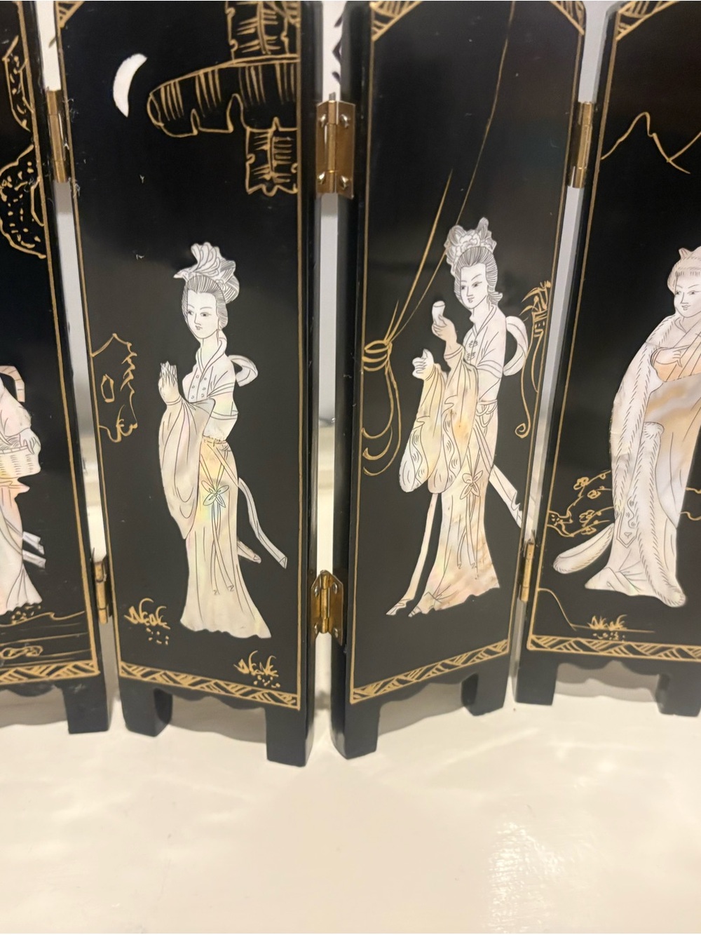Asian 4 Panel Tabletop Folding Screen Black Lacquer Mother of Pearl Style